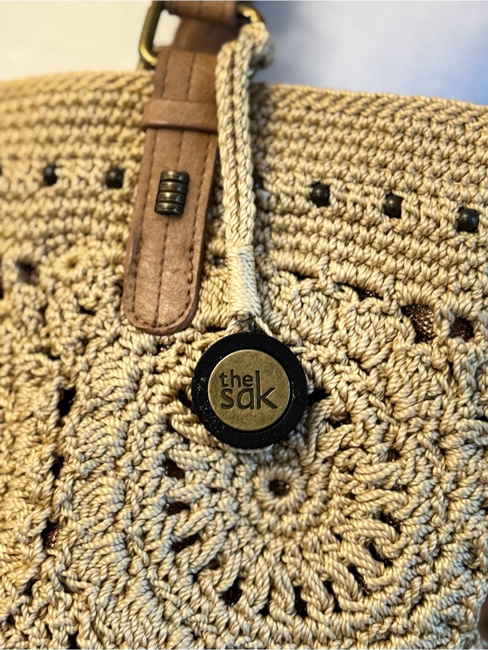 THE SAK Handbag Silverwood Crochet Shopper Beige Purse / HTF Boho Bucket Bag. - Picture 3 of 6